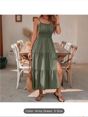 NWT. Women’s Olive Green Tiered Maxi Dress w/ side slit